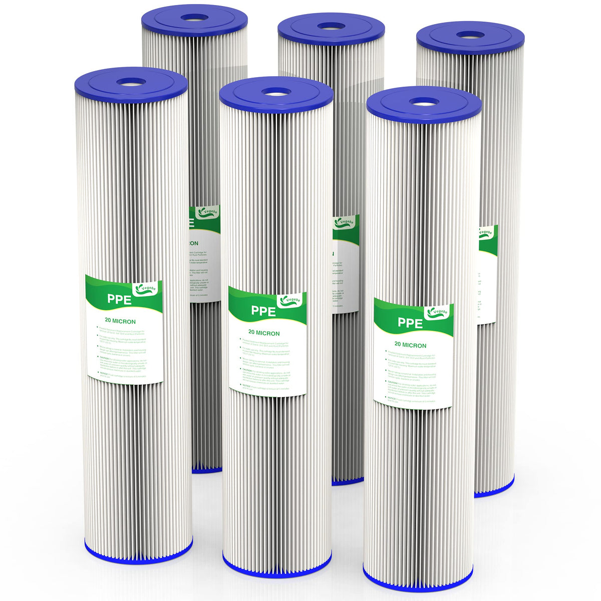 Vegebe 20-micron pleated sediment filter 20in reduces dirt and sediment.