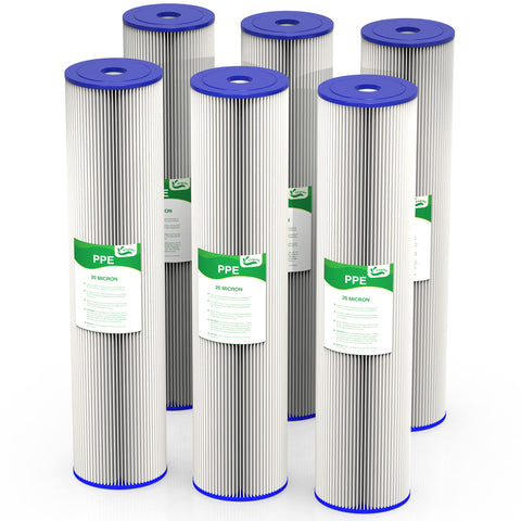 Vegebe 20-micron pleated sediment filter 20in reduces dirt and sediment.