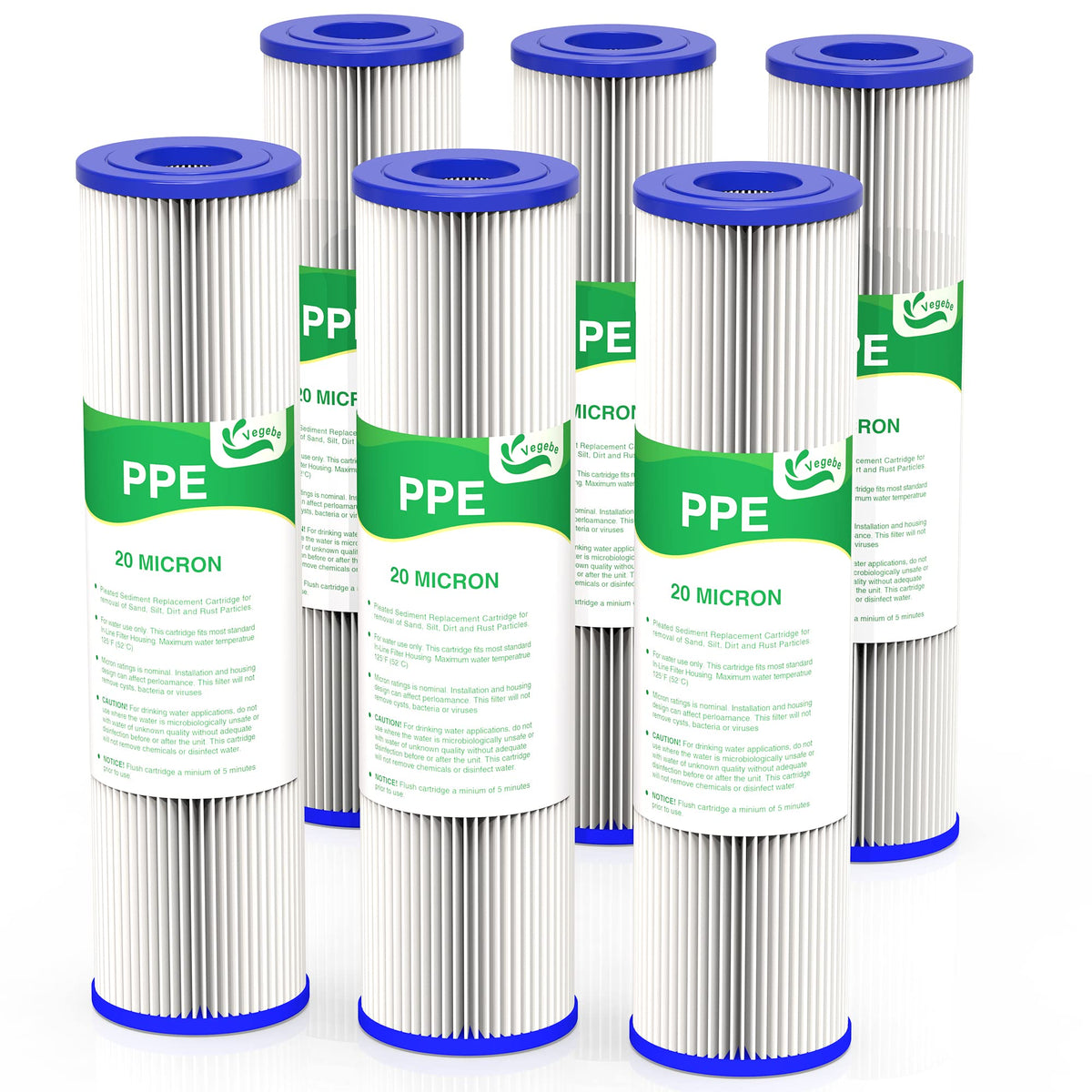 Vegebe 20 micron water filter cartridge in housing reduces sediment for cleaner water.