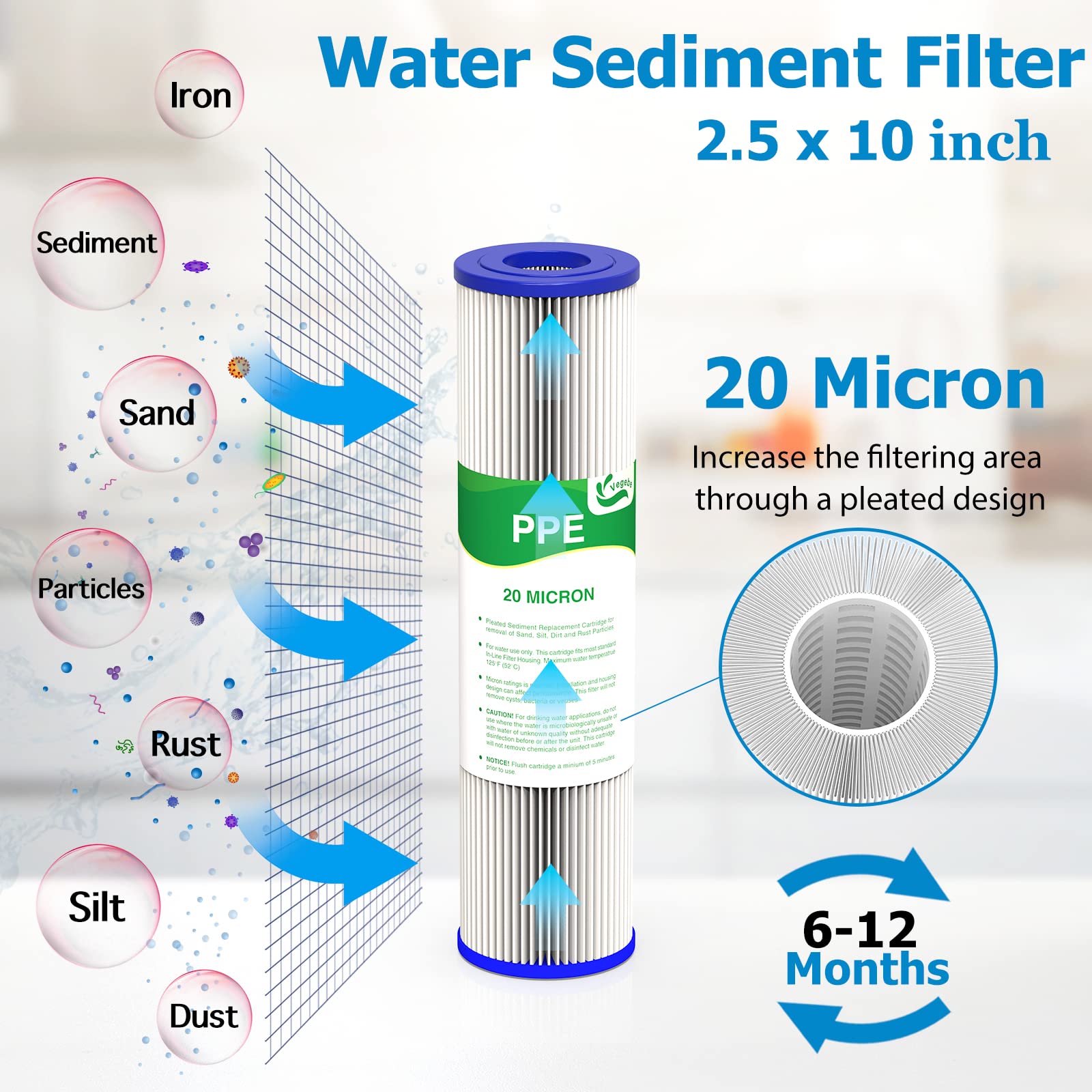 Vegebe sediment pre-filter captures dirt and rust before reaching the system.
