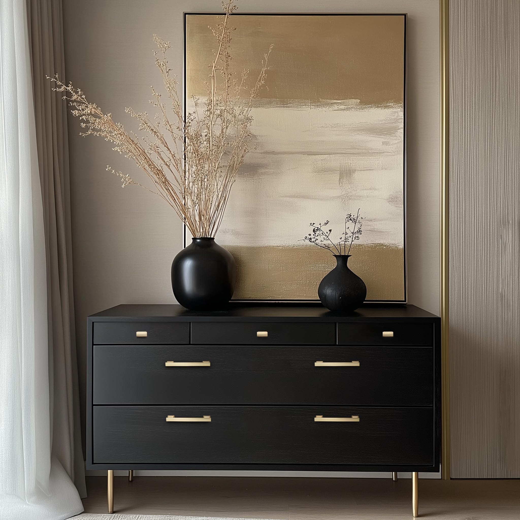 VEHCIL brushed gold cabinet knob on a modern cabinet adds a timeless rectangular accent