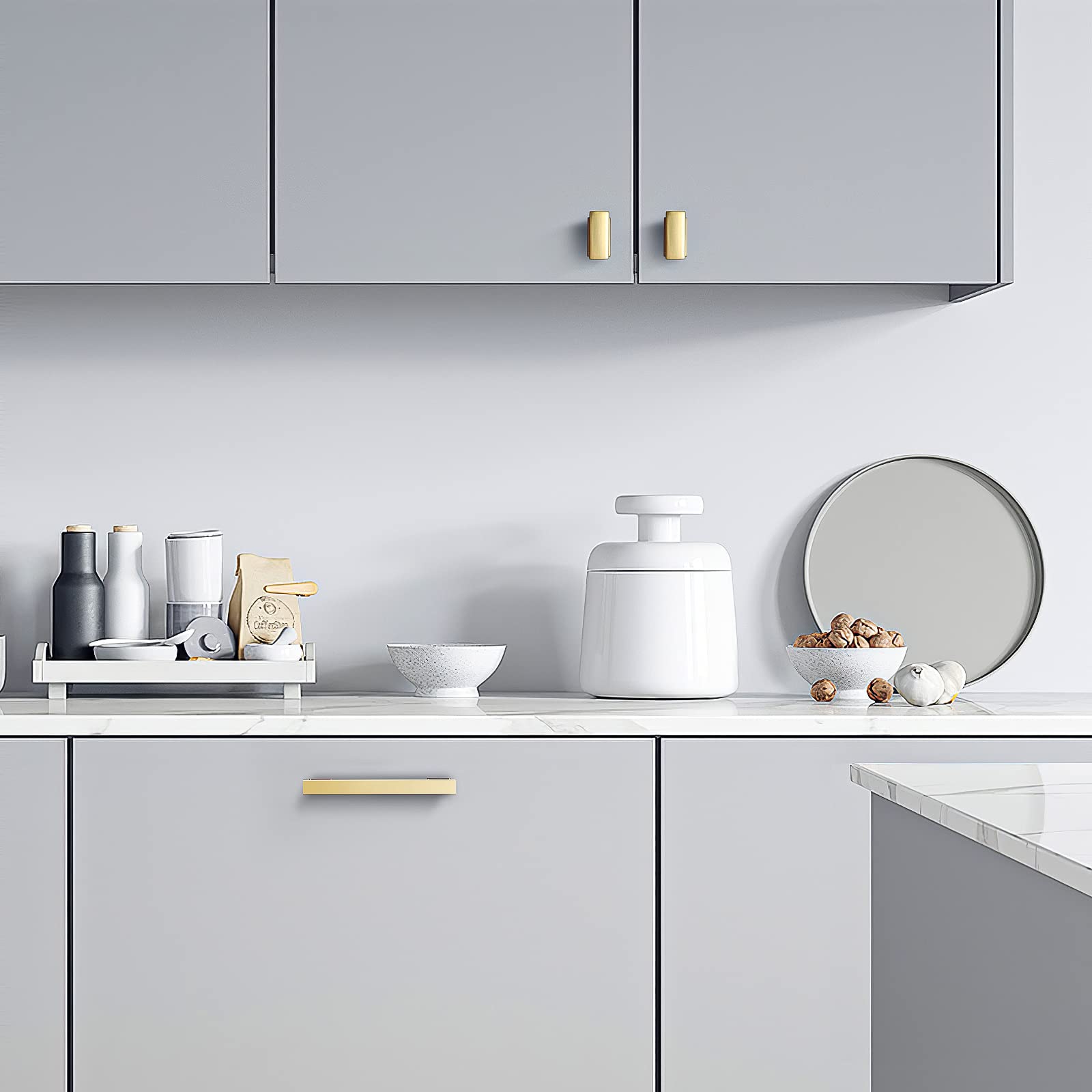 VEHCIL drawer and cabinet hardware in gold adds warm luxury.