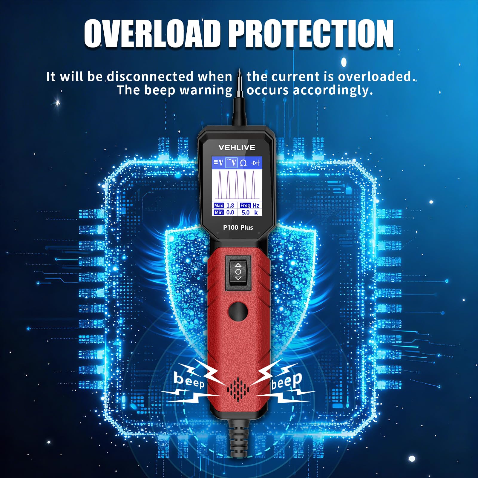 VEHLIVE P100 Plus four diagnostic modes: voltage, resistance, diode tests