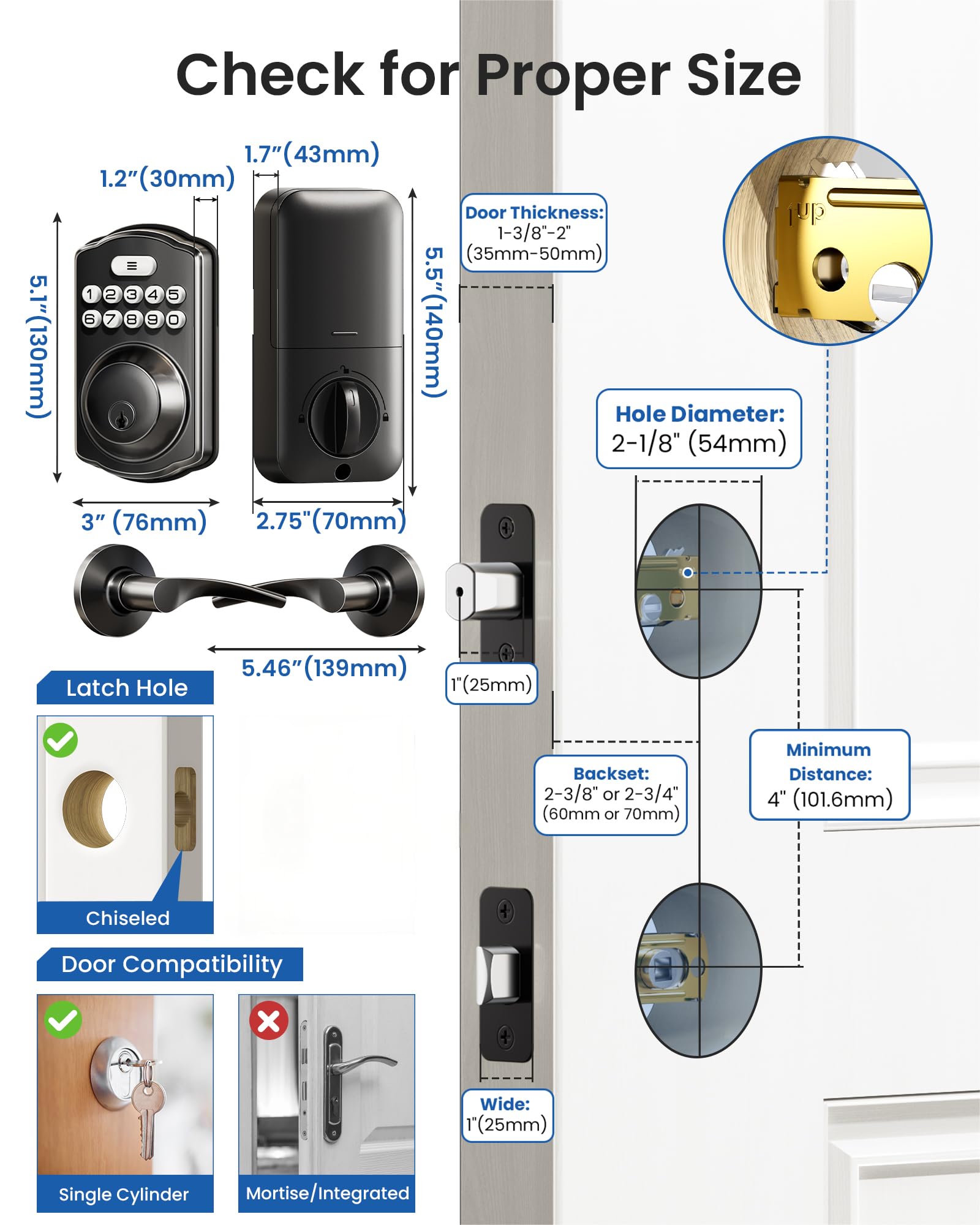 Veise quick tool free installation fits standard US doors with included hardware.