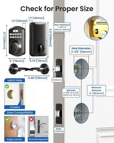 Veise quick tool free installation fits standard US doors with included hardware.
