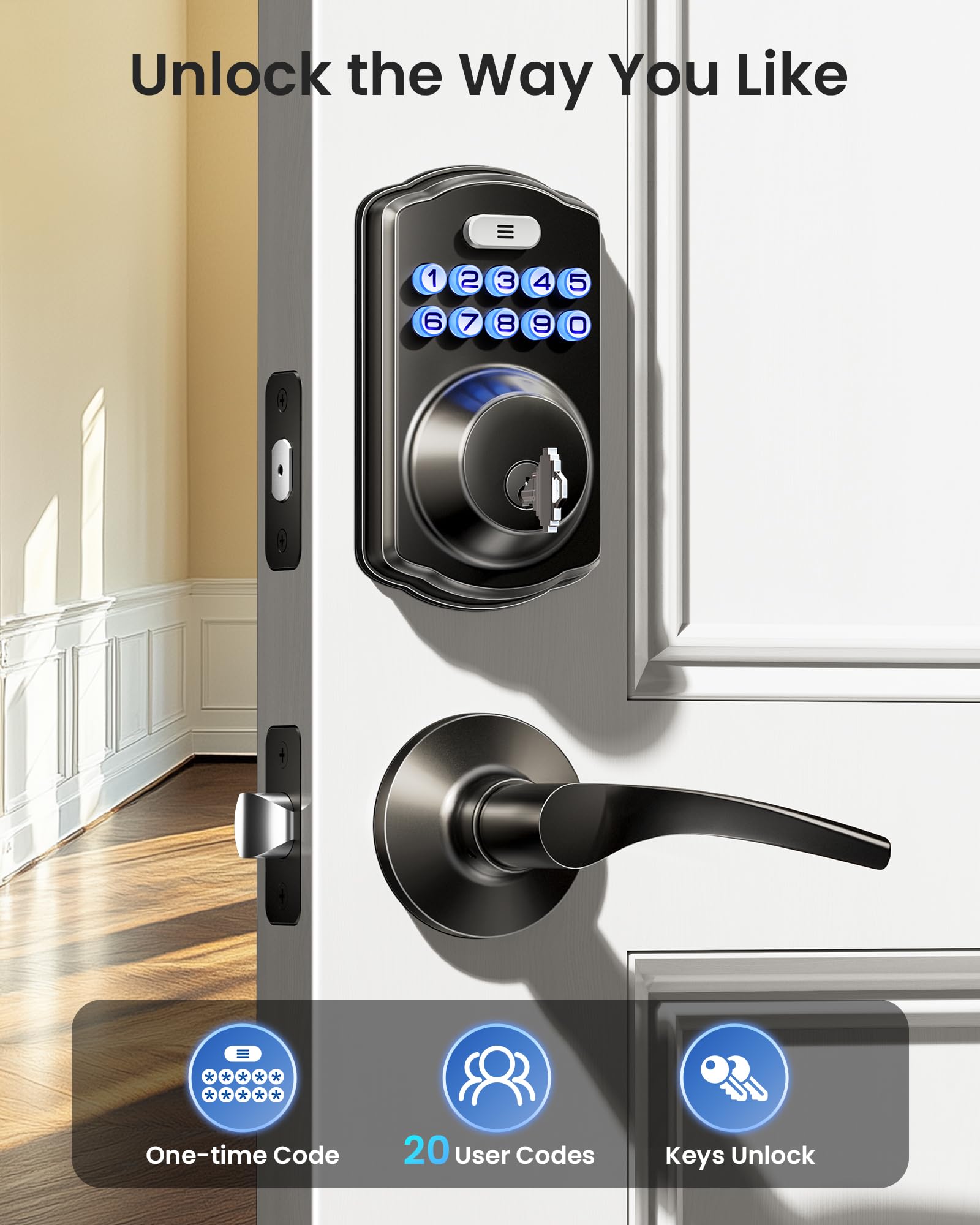 Veise electronic keypad deadbolt on the front door enables convenient, controlled entry.