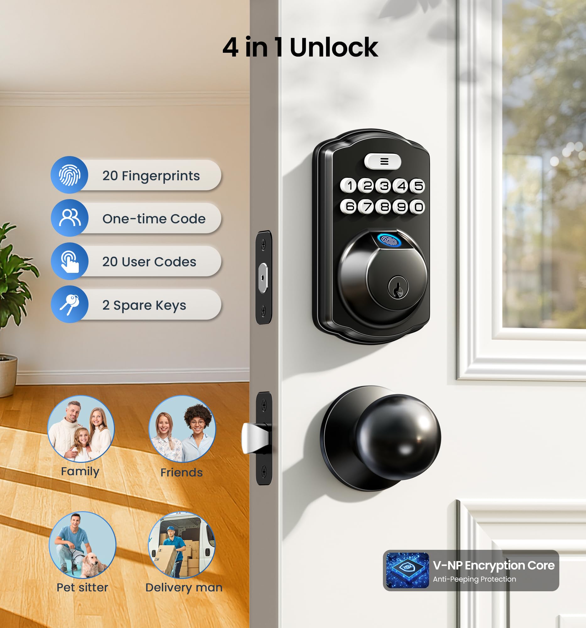 Veise electronic keypad deadbolt provides versatile unlock options for residents and guests.
