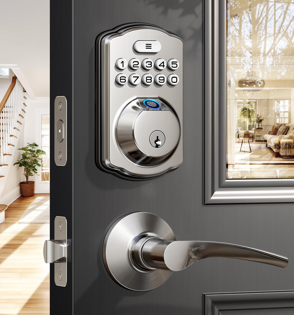 Veise fingerprint door lock front view in satin nickel for secure entry