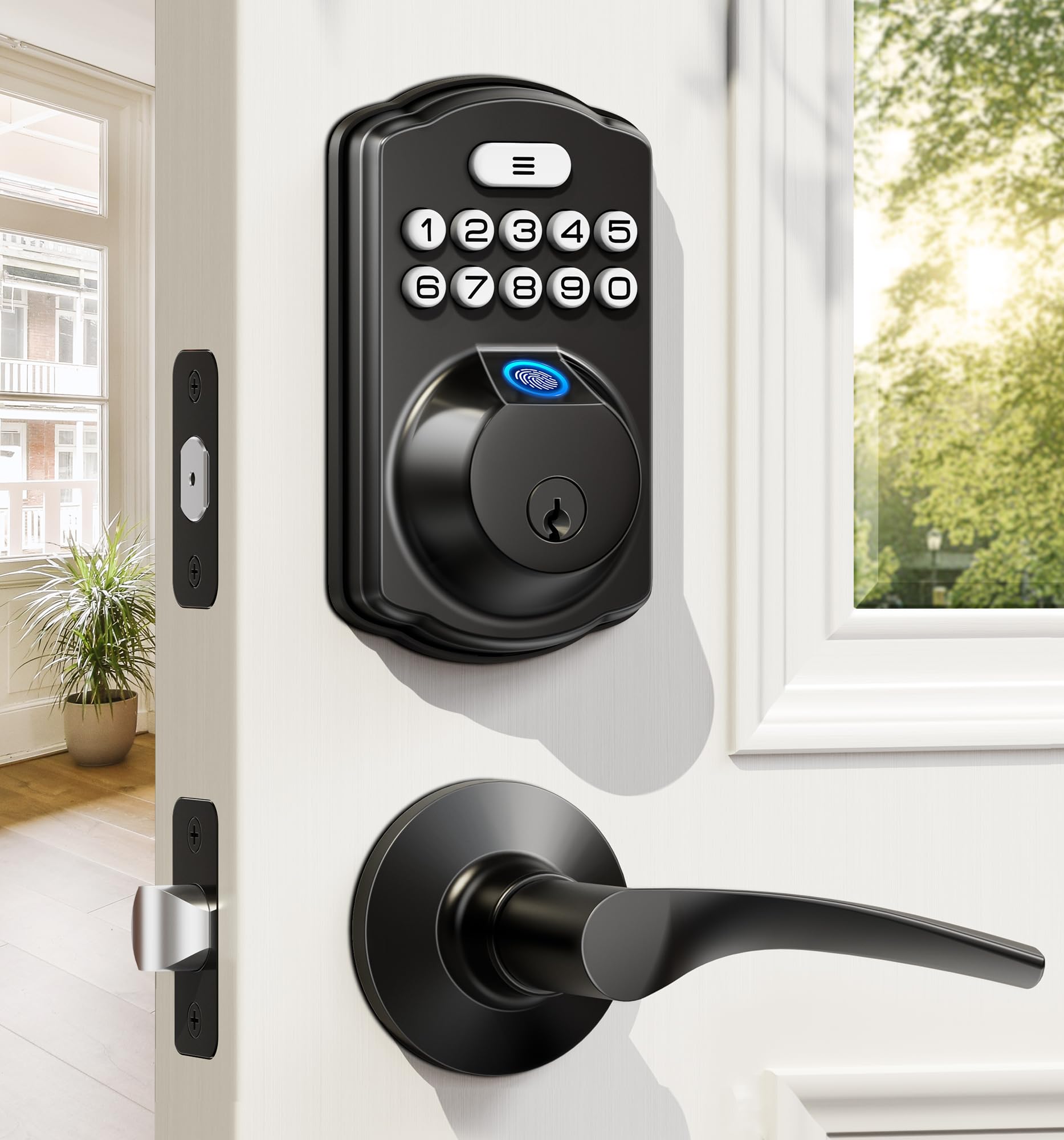 Veise fingerprint lock front view showing clean matte black finish and modern design