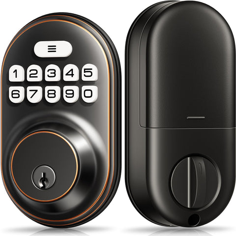 Veise keyless entry door lock front view in oil-rubbed bronze for curb appeal and security.