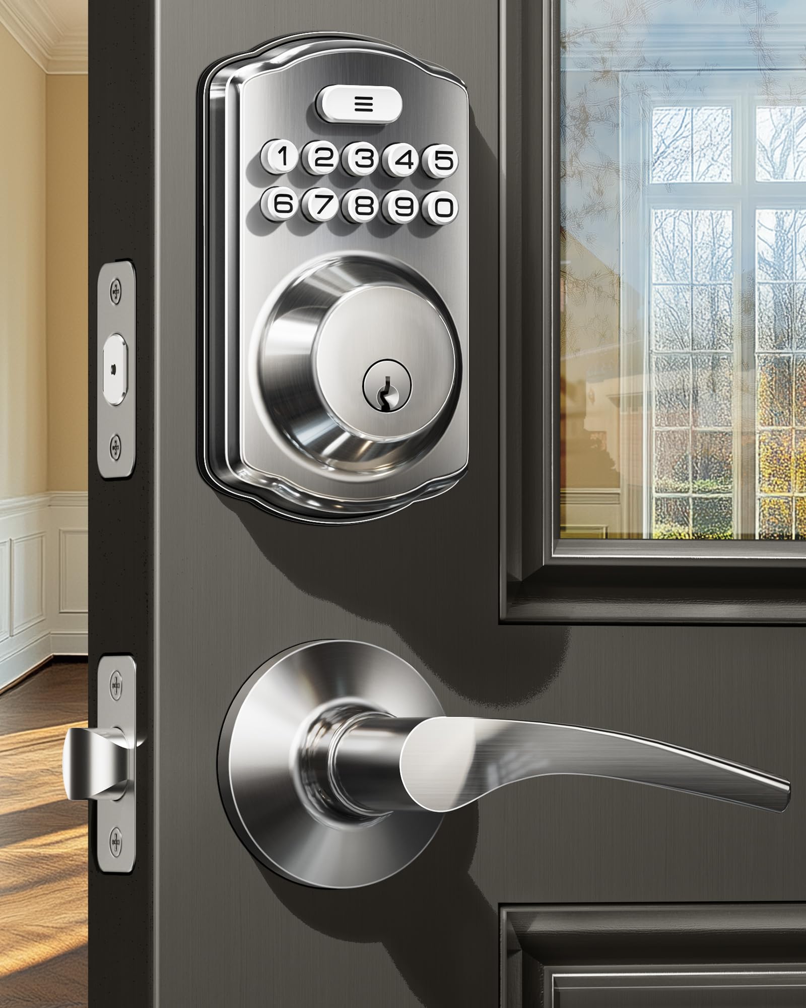 Veise keyless entry lock front panel with backlit keypad for easy night access.