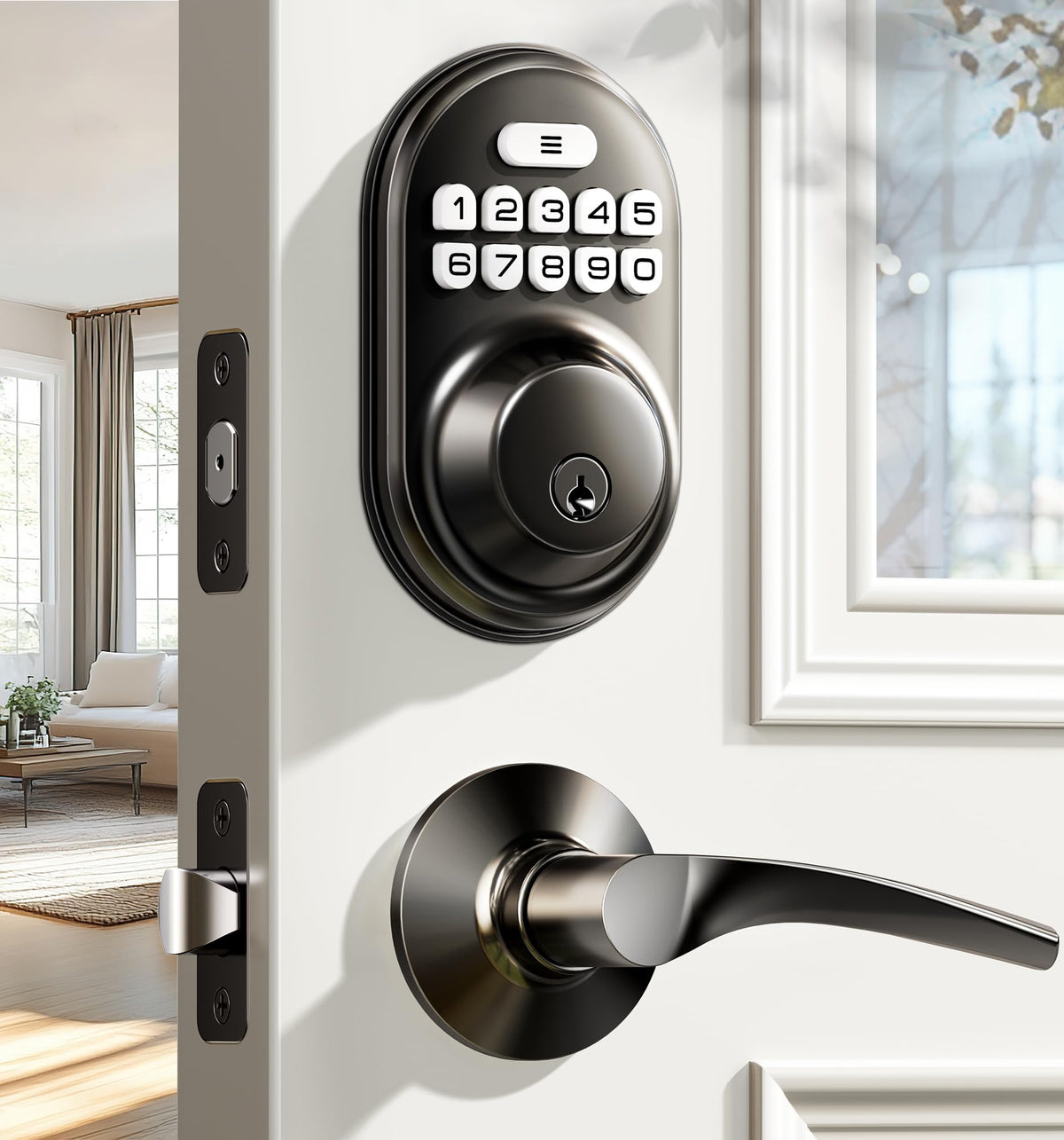 Veise keyless entry lock front view in matte black for modern doors.