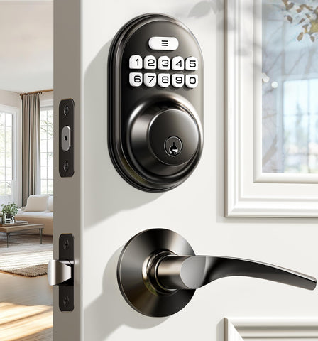 Veise keyless entry lock front view in matte black for modern doors.