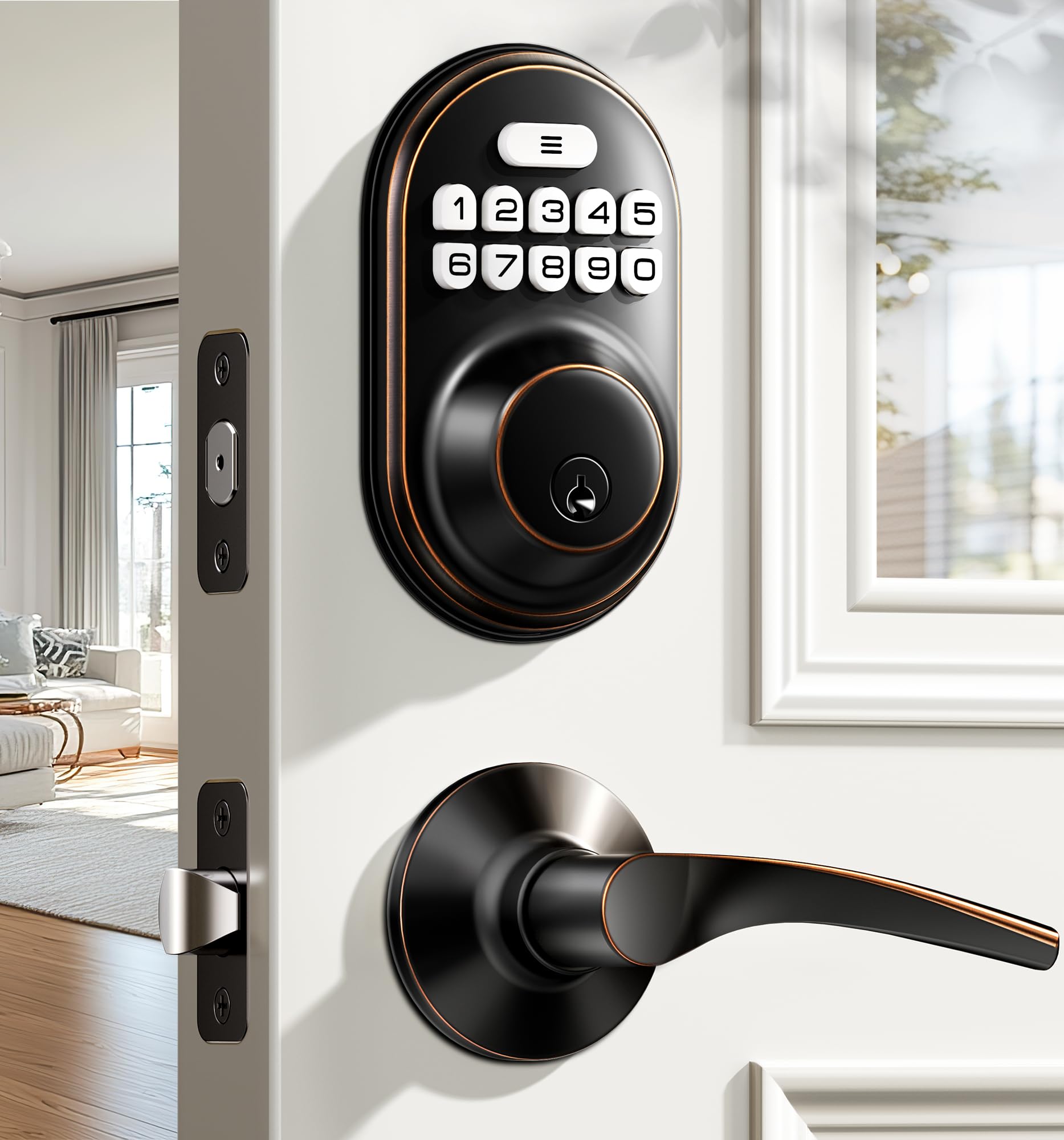 Veise keyless entry lock front view with oil-rubbed bronze finish and modern styling.