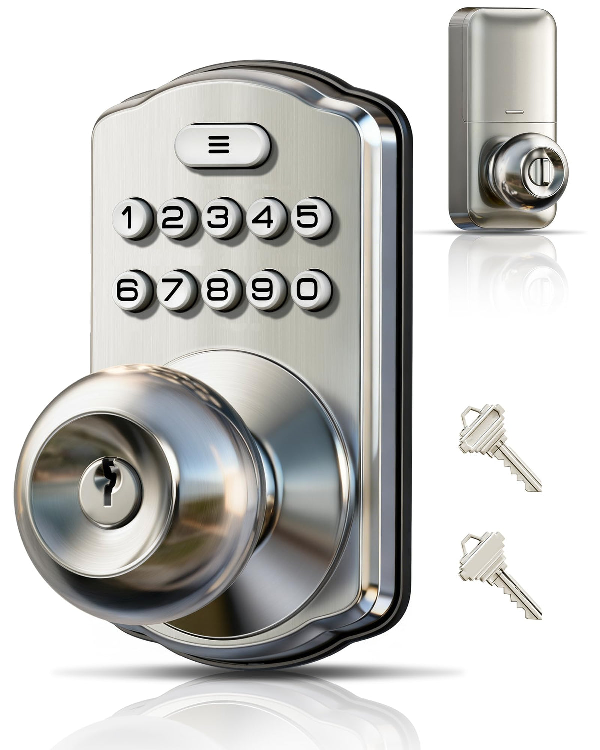 Veise keypad lock front view shows a satin nickel finish for secure entry.