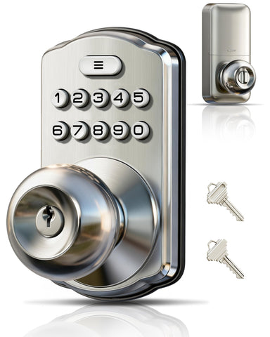Veise keypad lock front view shows a satin nickel finish for secure entry.
