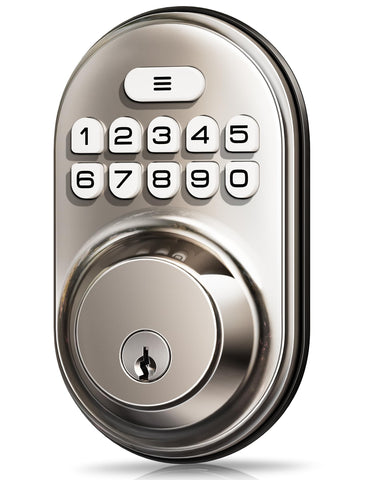 Veise satin-nickel front view of keyless lock with convenient access.