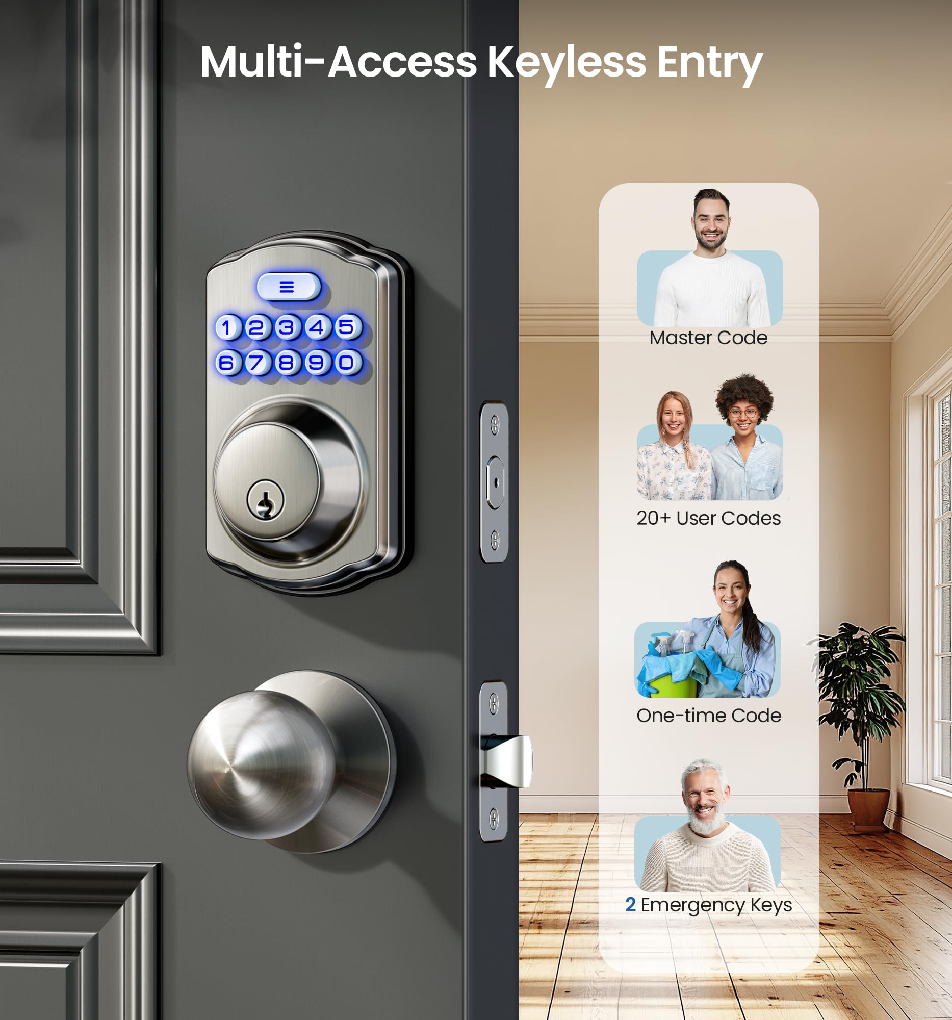 Veise satin nickel keypad deadbolt with backlit numerics for night use.