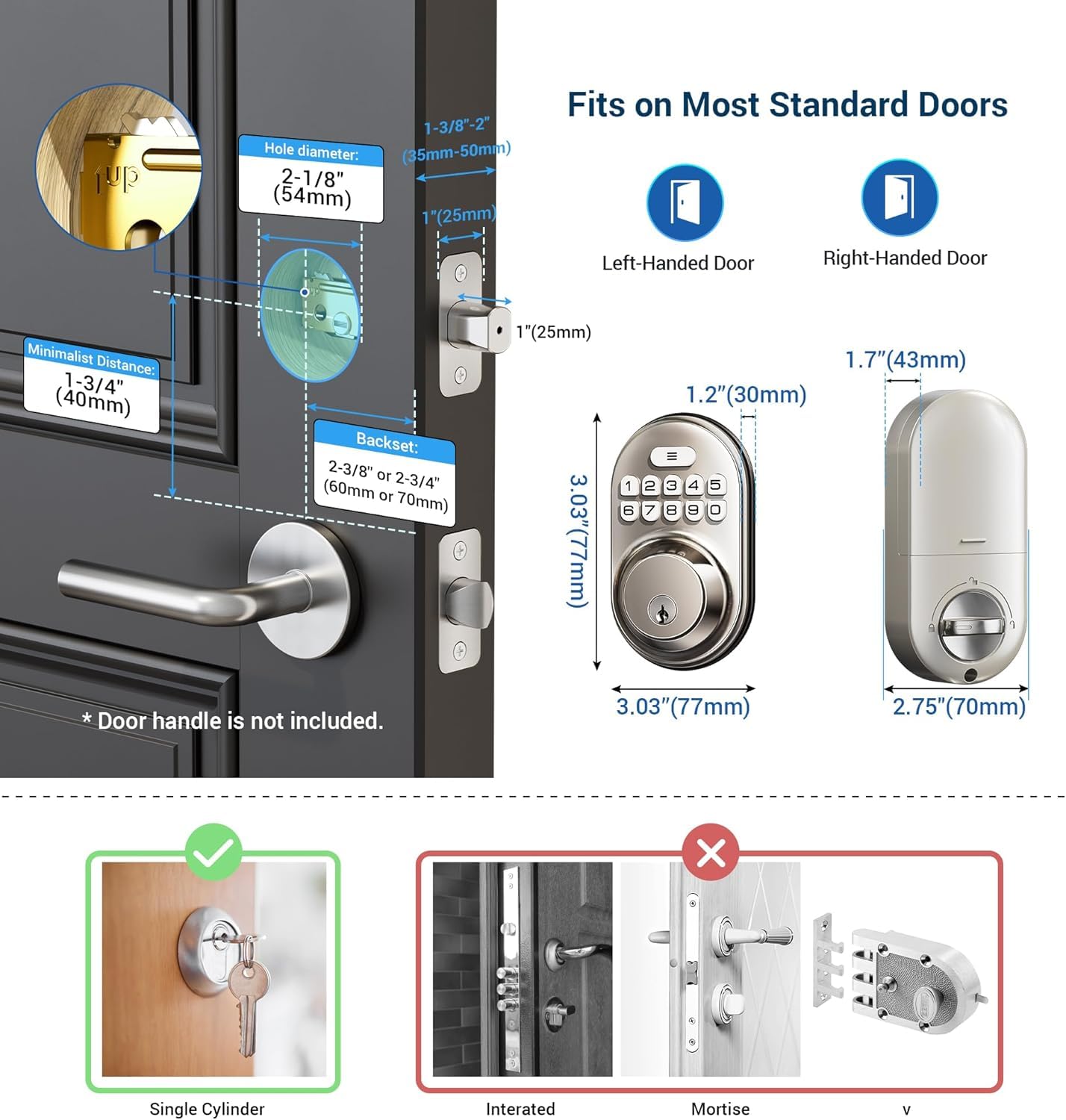 Veise satin-nickel silent mode option reduces keypad noise.