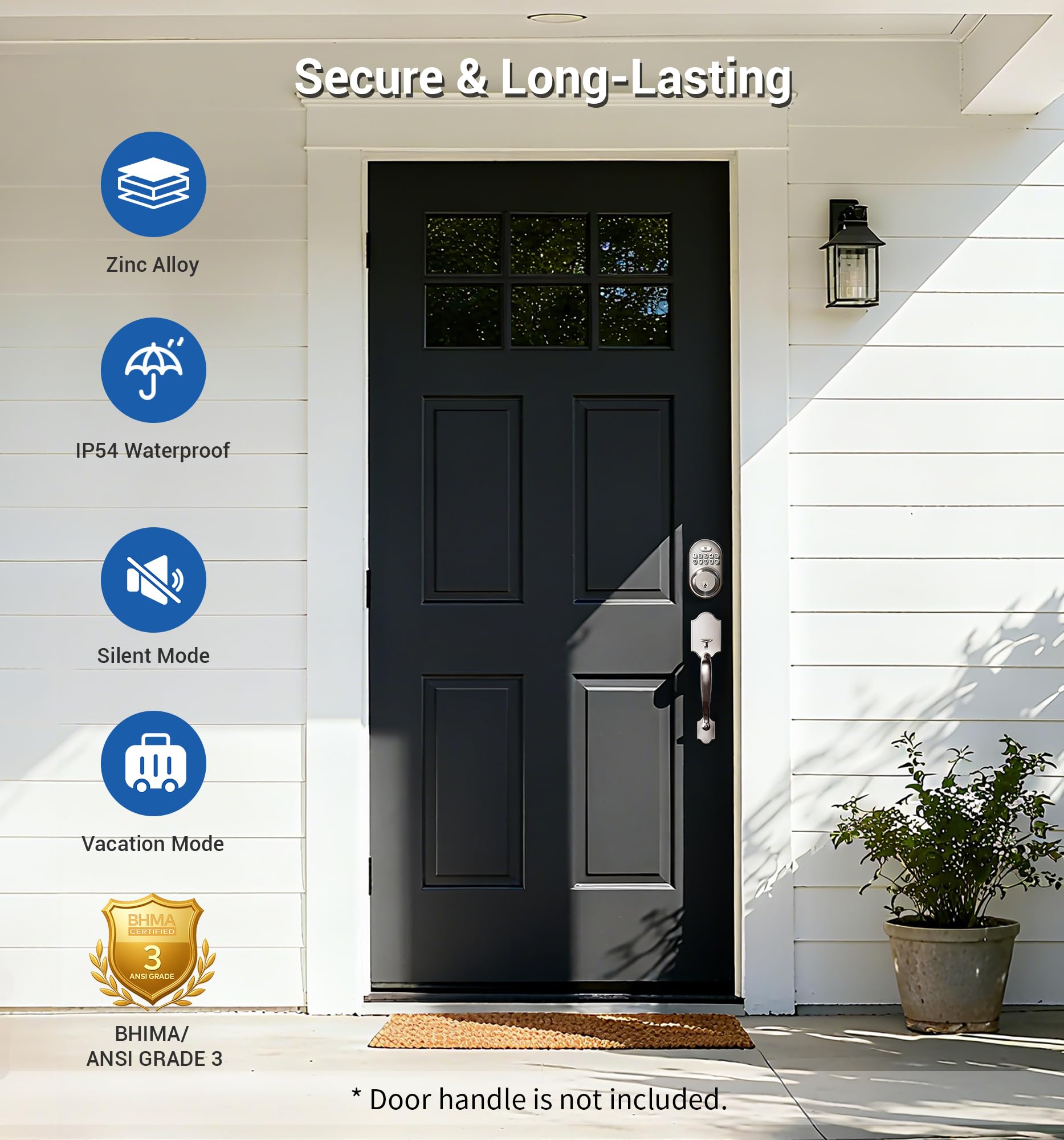 Veise satin-nickel IP54 weatherproof lock for all-season protection.