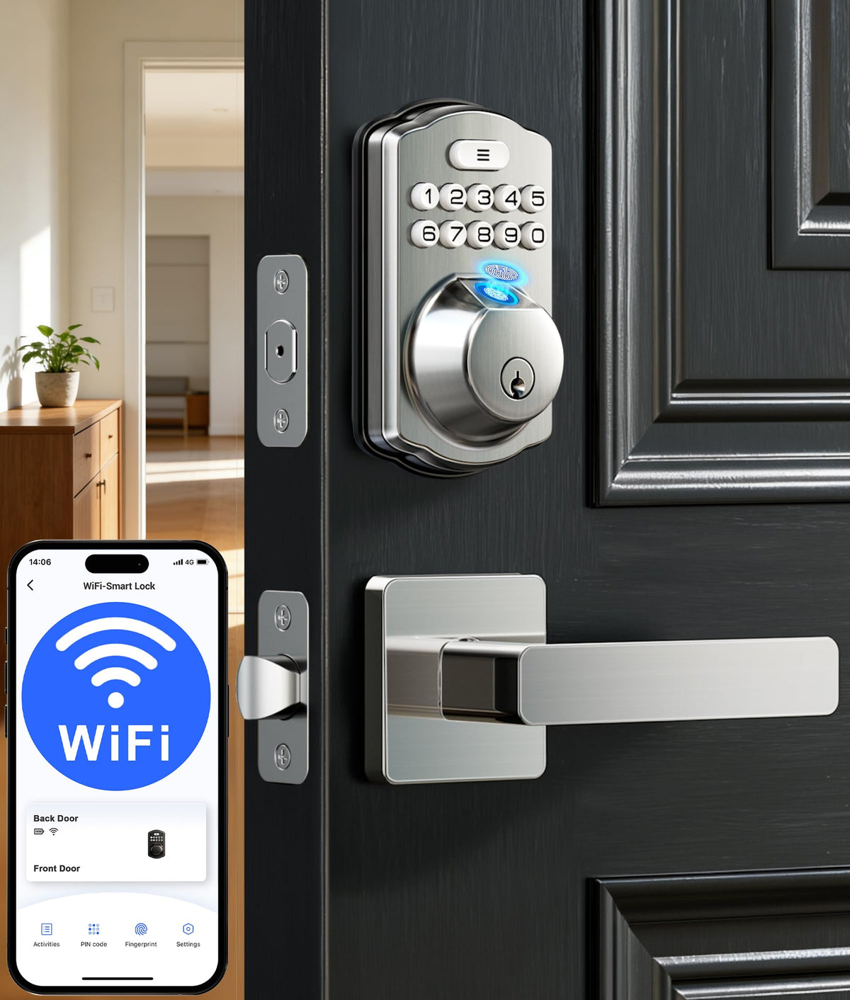 Veise VE012W-L smart lock with lever handle on front door for convenient keyless entry