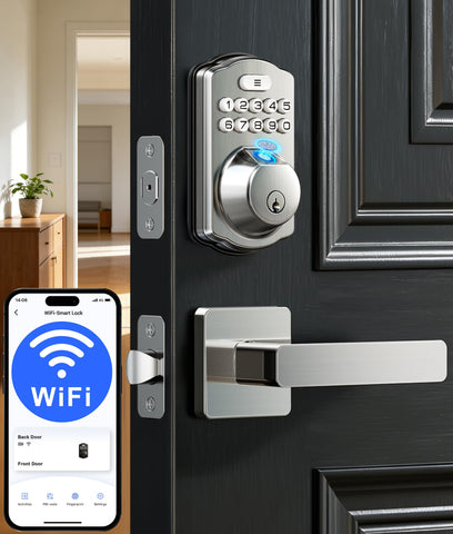 Veise VE012W-L smart lock with lever handle on front door for convenient keyless entry