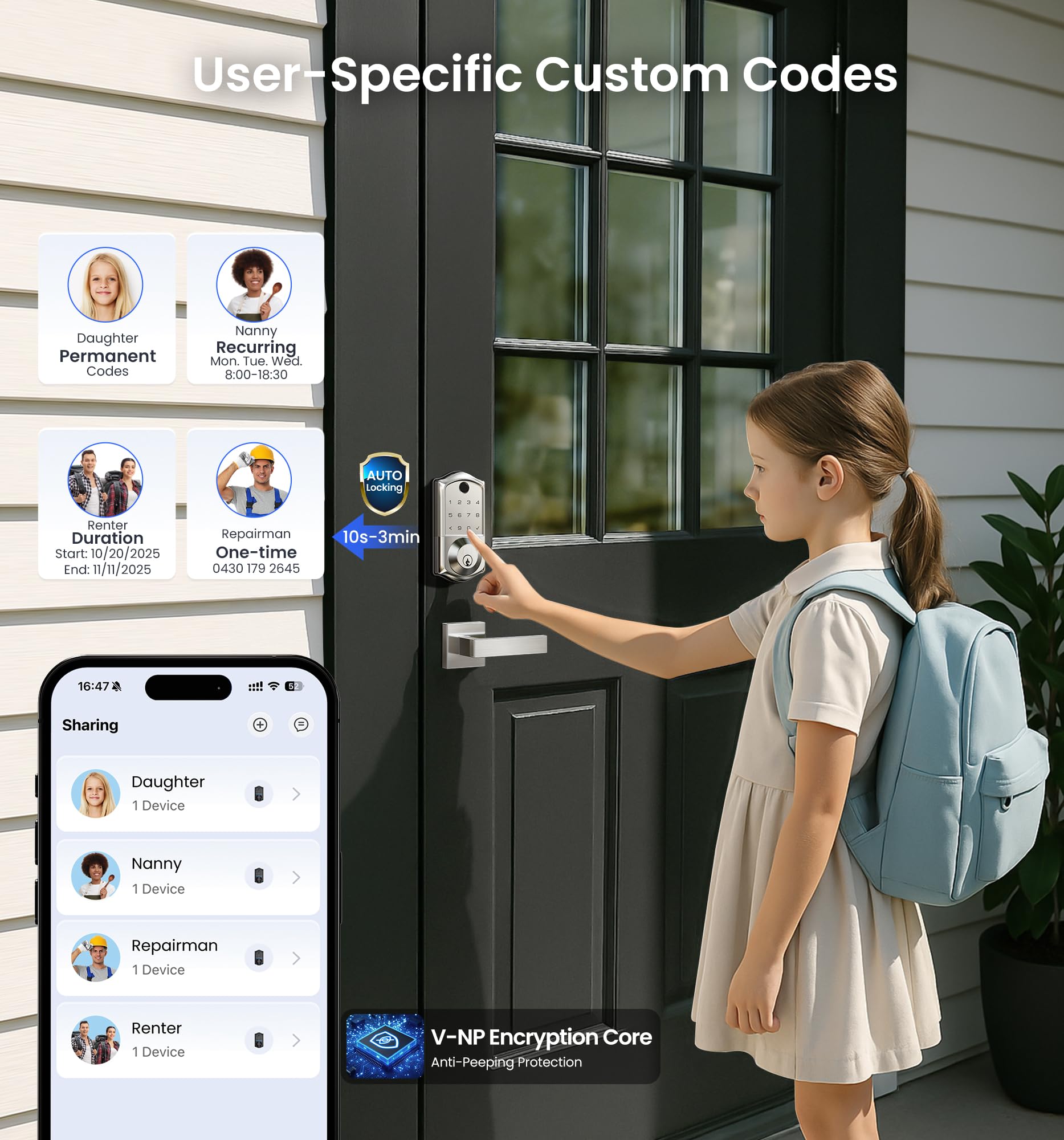 Veise VE017 auto-lock settings illustrated for convenient security