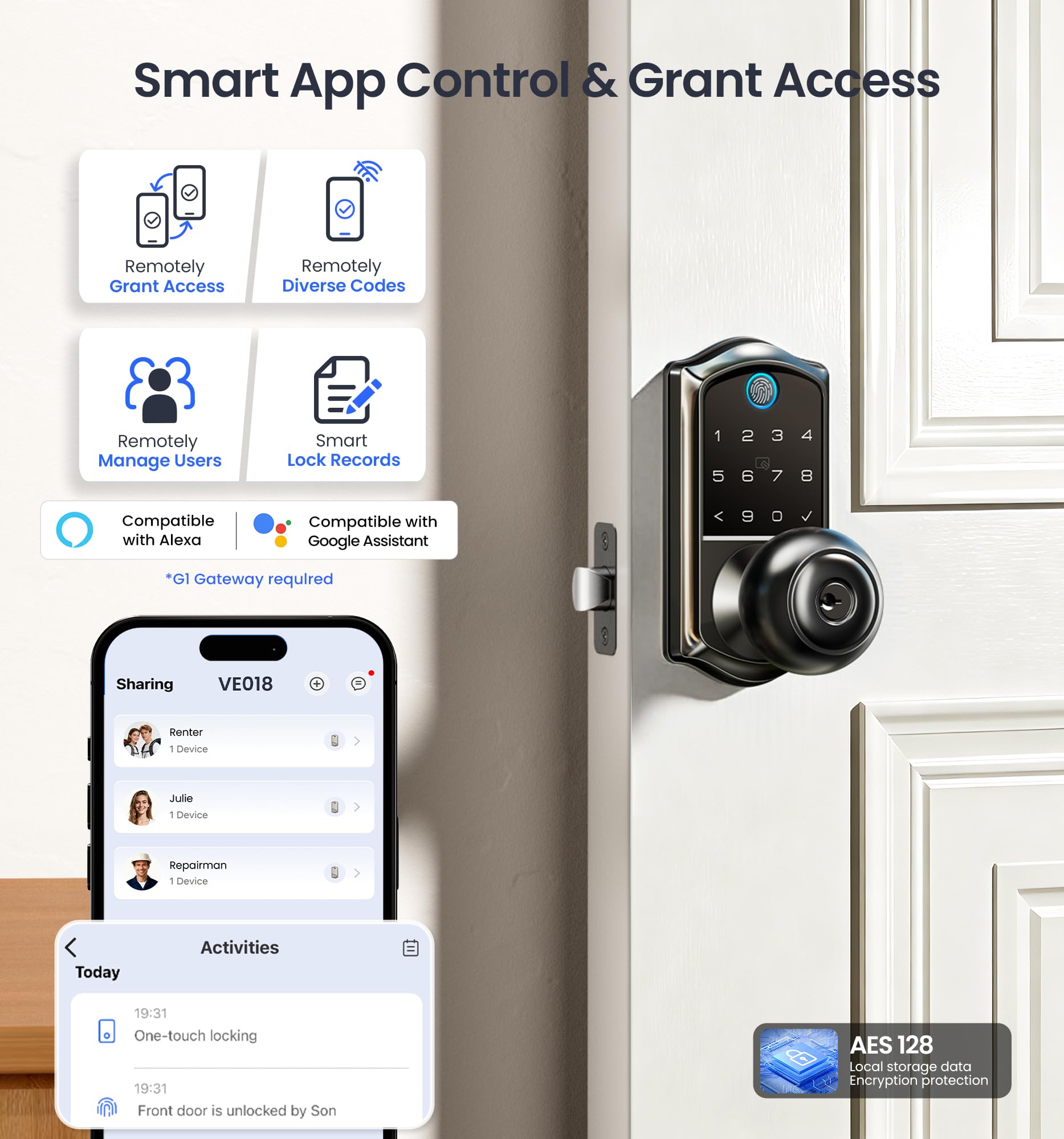 Veise VE018 app-control interface enabling remote locking and status checks.