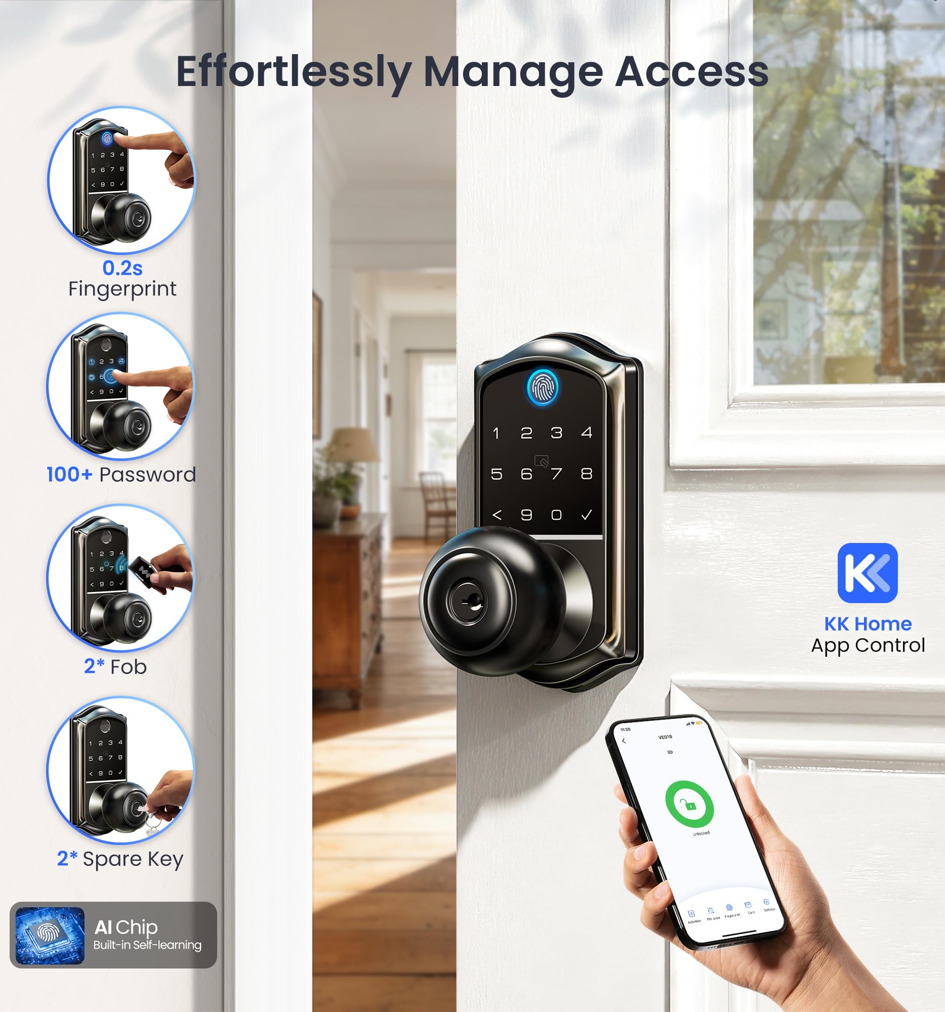 Veise VE018 fingerprint unlock demonstrating fast access via biometric touch.