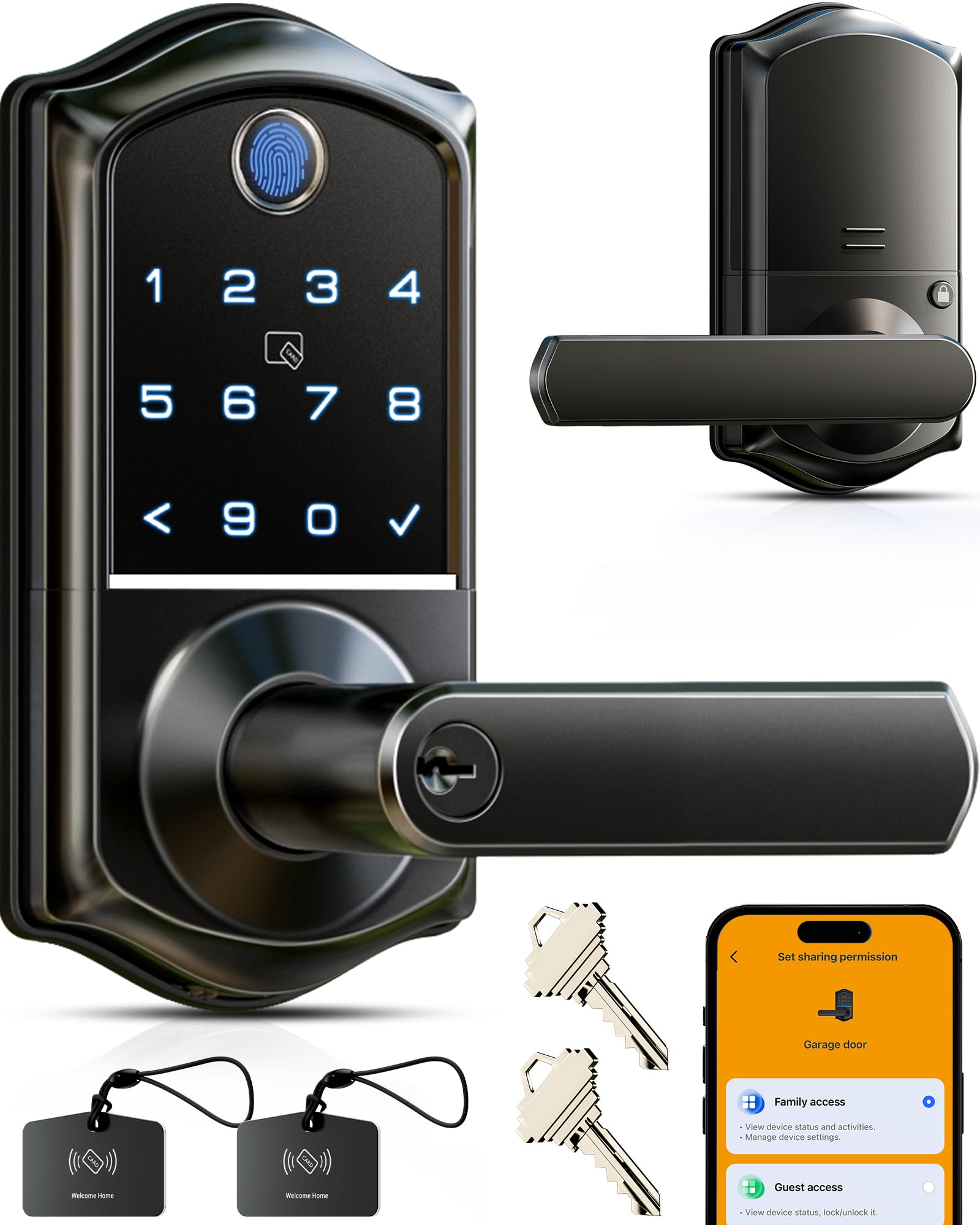 Veise VE019 fingerprint lock front view with sleek matte black finish for enhanced security