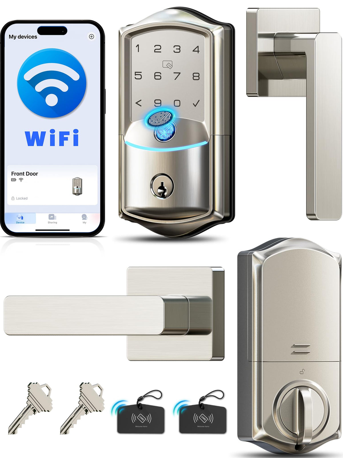 Veise VE027-L lever handles on satin nickel front door for easy entry