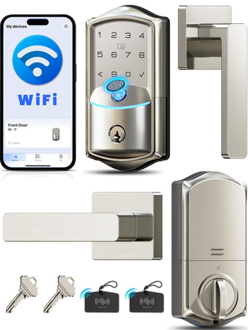 Veise VE027-L lever handles on satin nickel front door for easy entry