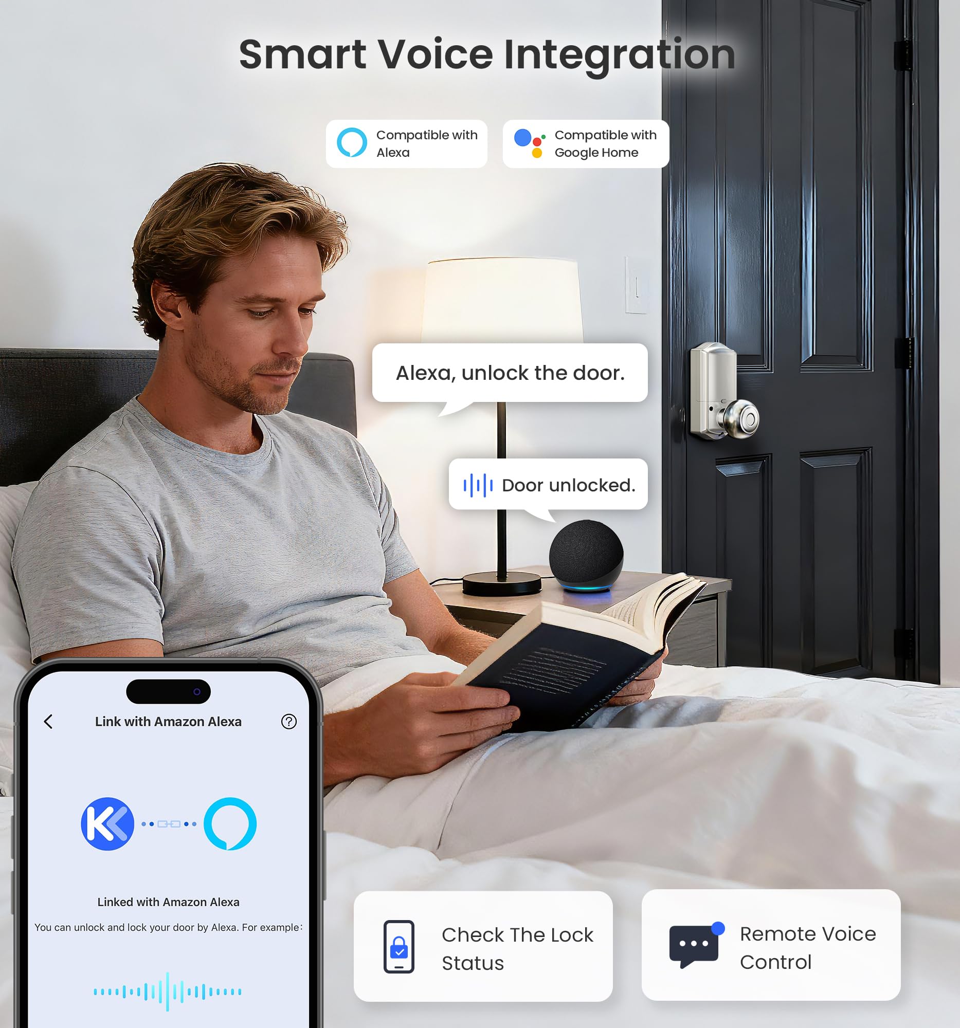Veise VE028 voice control with Alexa/Google for hands-free entry.