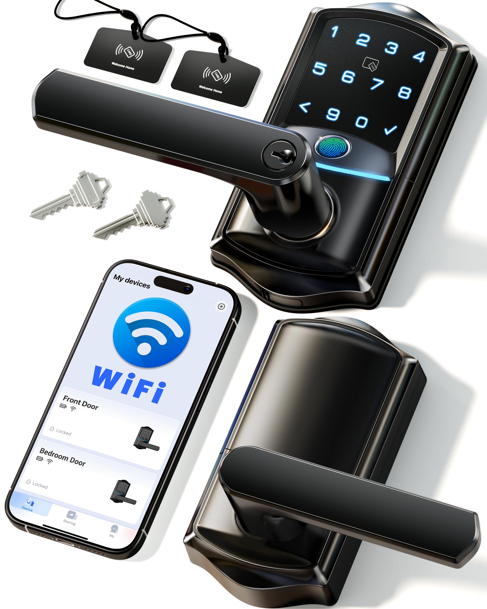 Veise VE029 Wi‑Fi lock on front door for remote access and status alerts.