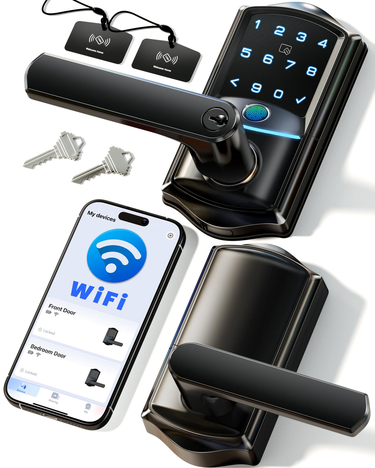 Veise VE029 Wi‑Fi lock on front door for remote access and status alerts.