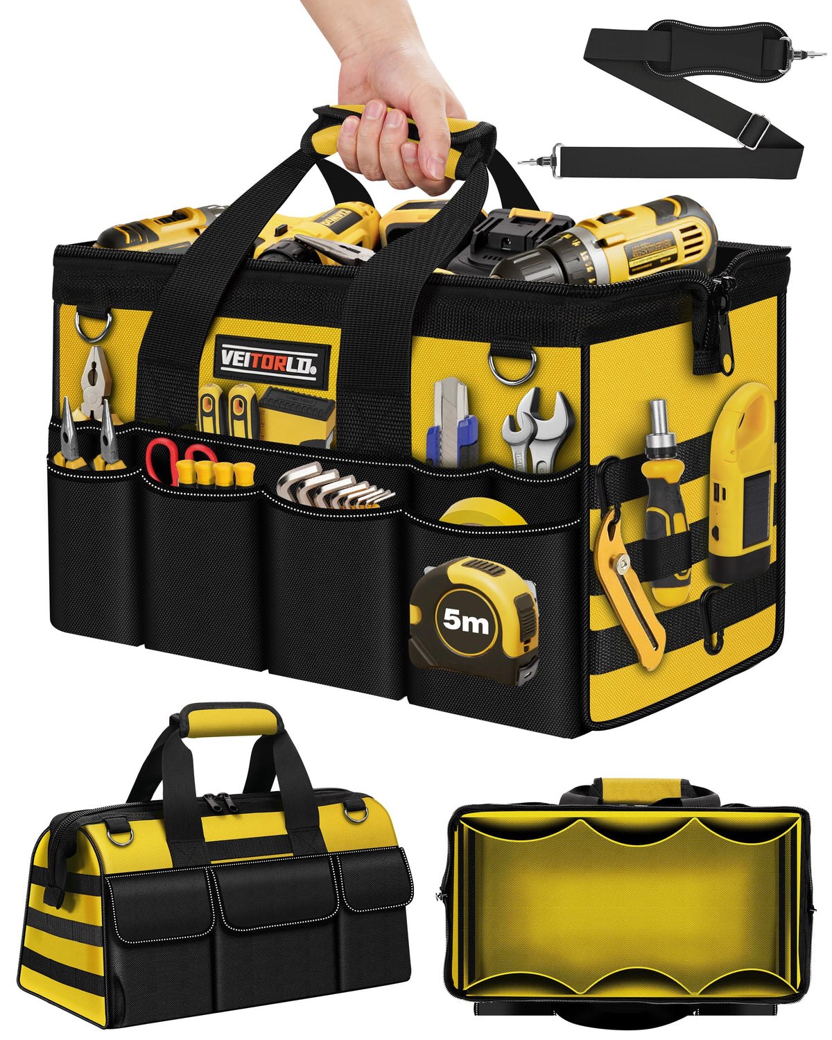 Veitorld 16-inch tool bag front view for easy access on busy job sites.