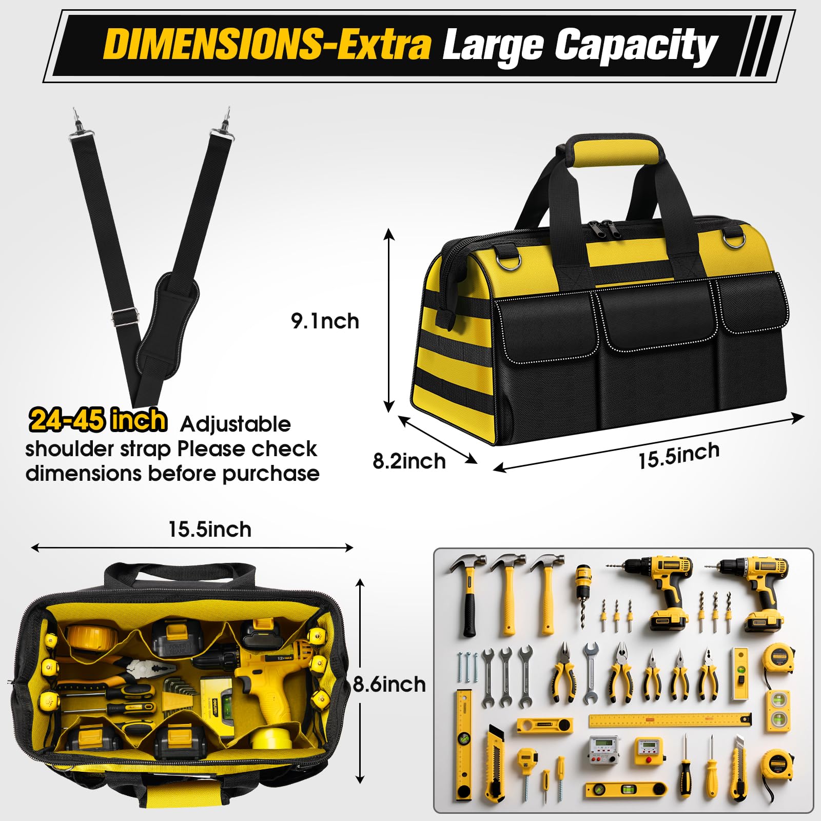Veitorld 16-inch tool bag inside 19-pocket layout keeps tools organized.