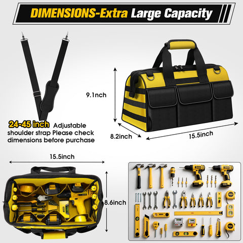Veitorld 16-inch tool bag inside 19-pocket layout keeps tools organized.