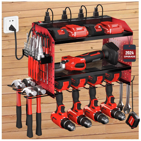 Veitorld red power tool organizer front view with drill holders and charging station