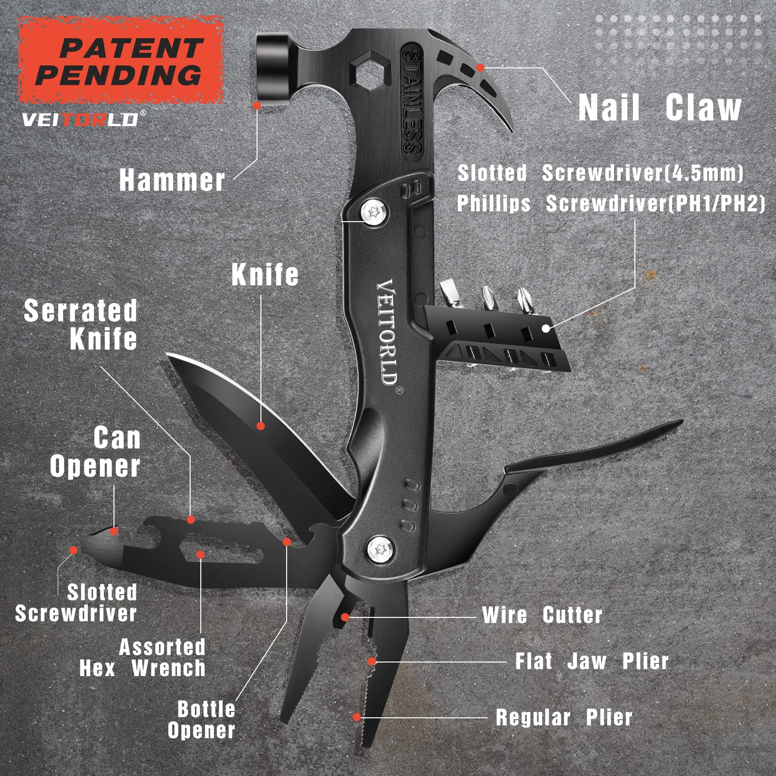 Veitorld stainless steel multitool 14-in-1 for daily tasks.