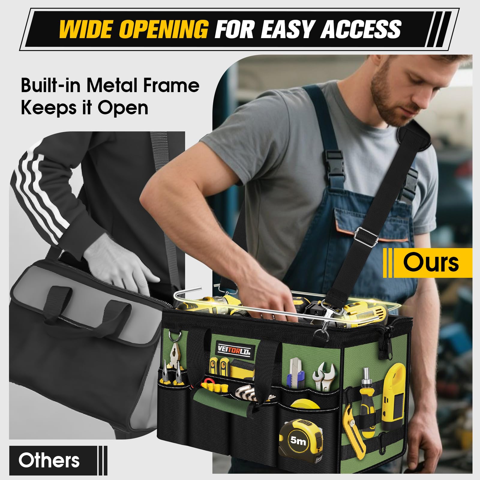 Veitorld padded handle and shoulder strap boost comfort on long jobs.