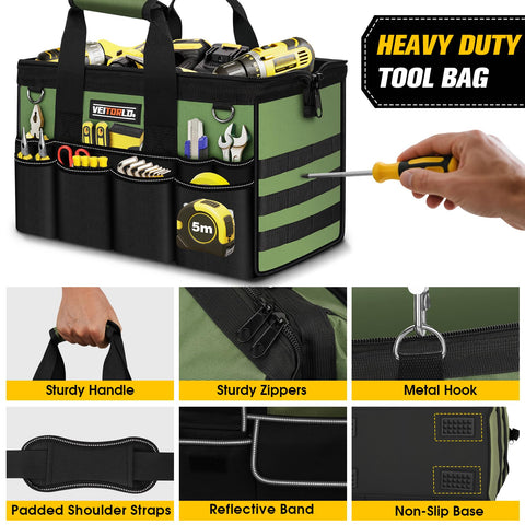 Veitorld tool bag with reinforced stitching withstands tough job sites.