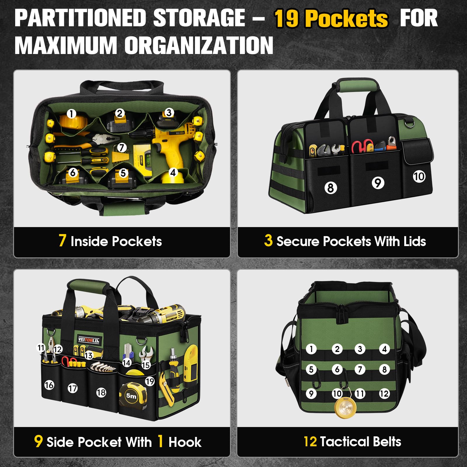 Veitorld tool bag wide mouth opening offers full visibility and fast retrieval.