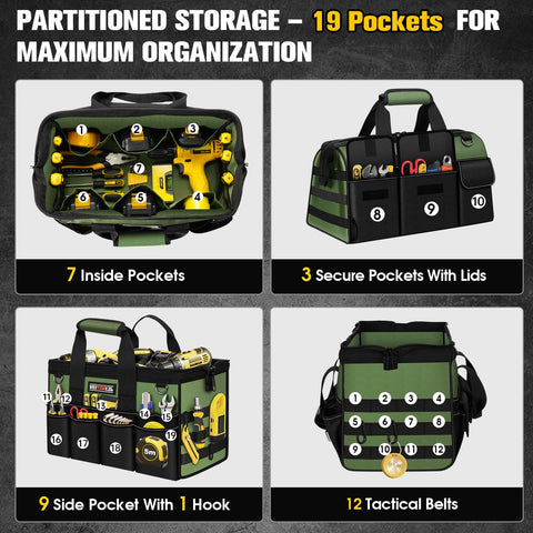 Veitorld tool bag wide mouth opening offers full visibility and fast retrieval.
