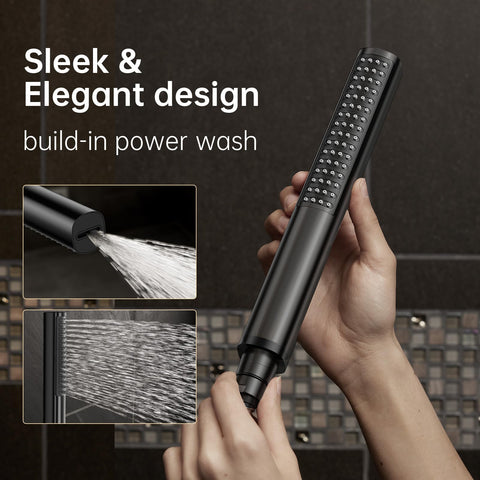 Veken 10-inch square rain head delivers wide spray coverage.