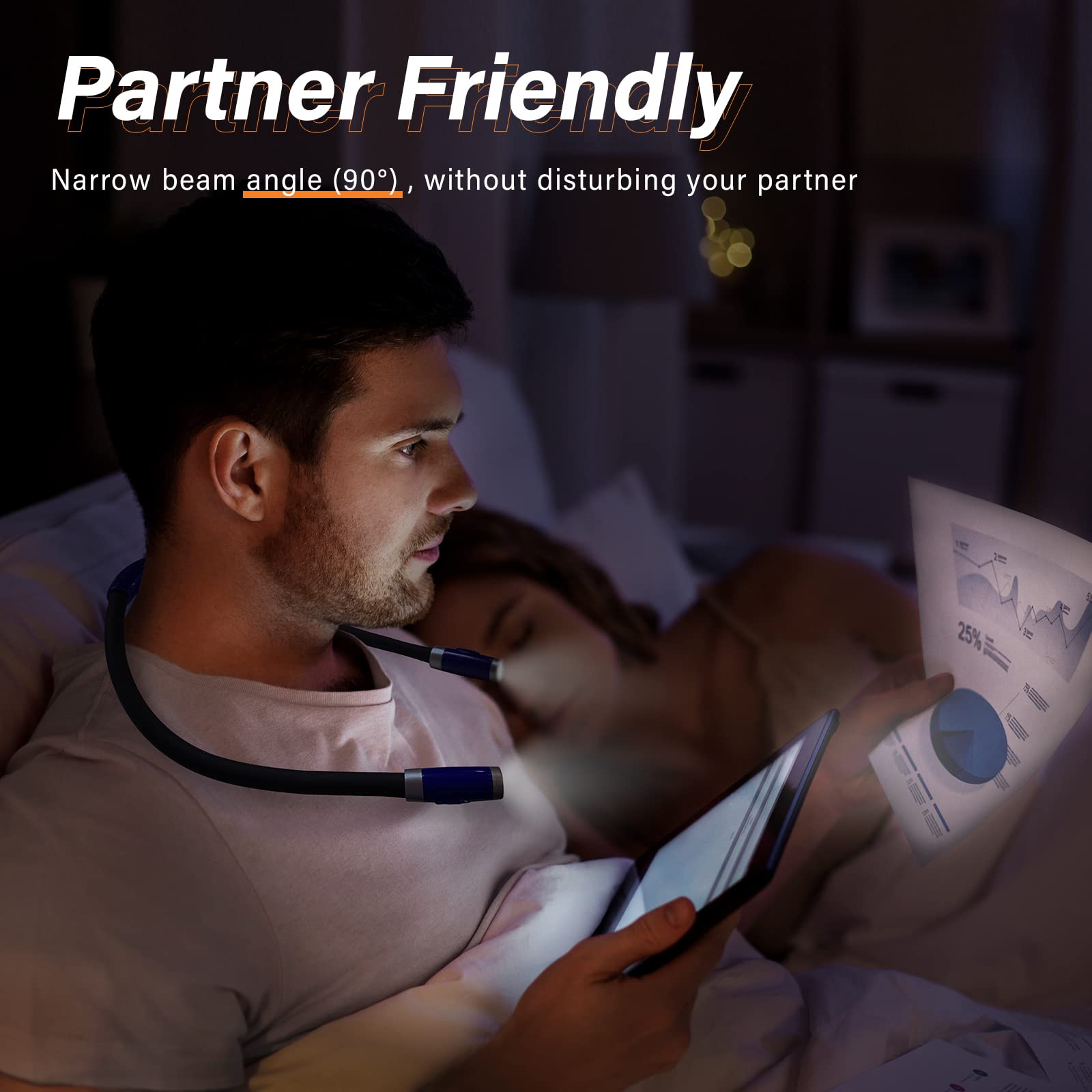 Vekkia book light in bed with soft silicone arms for gentle support