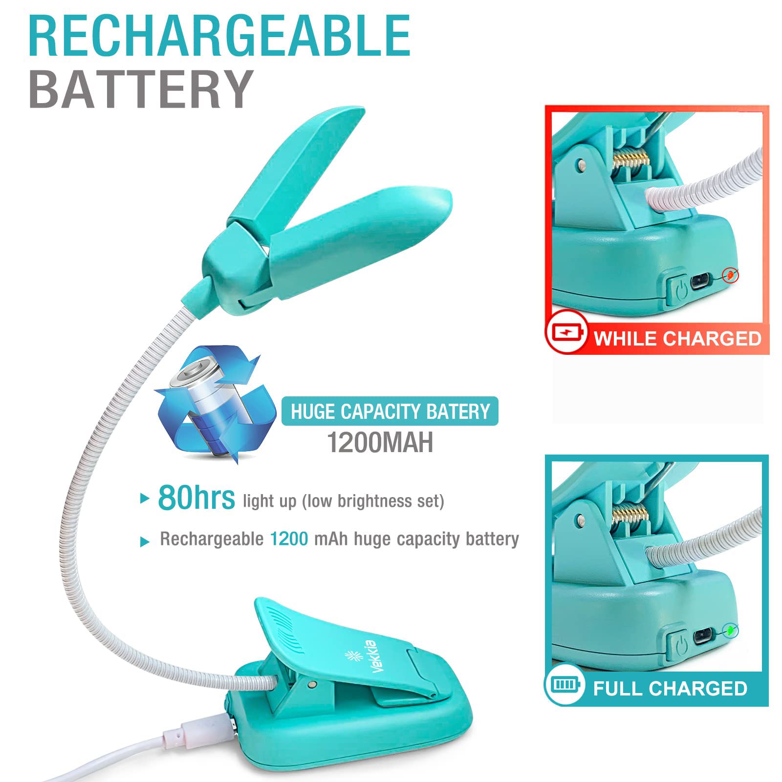 Vekkia clip-on reading light in bed with three color temperatures for night reading