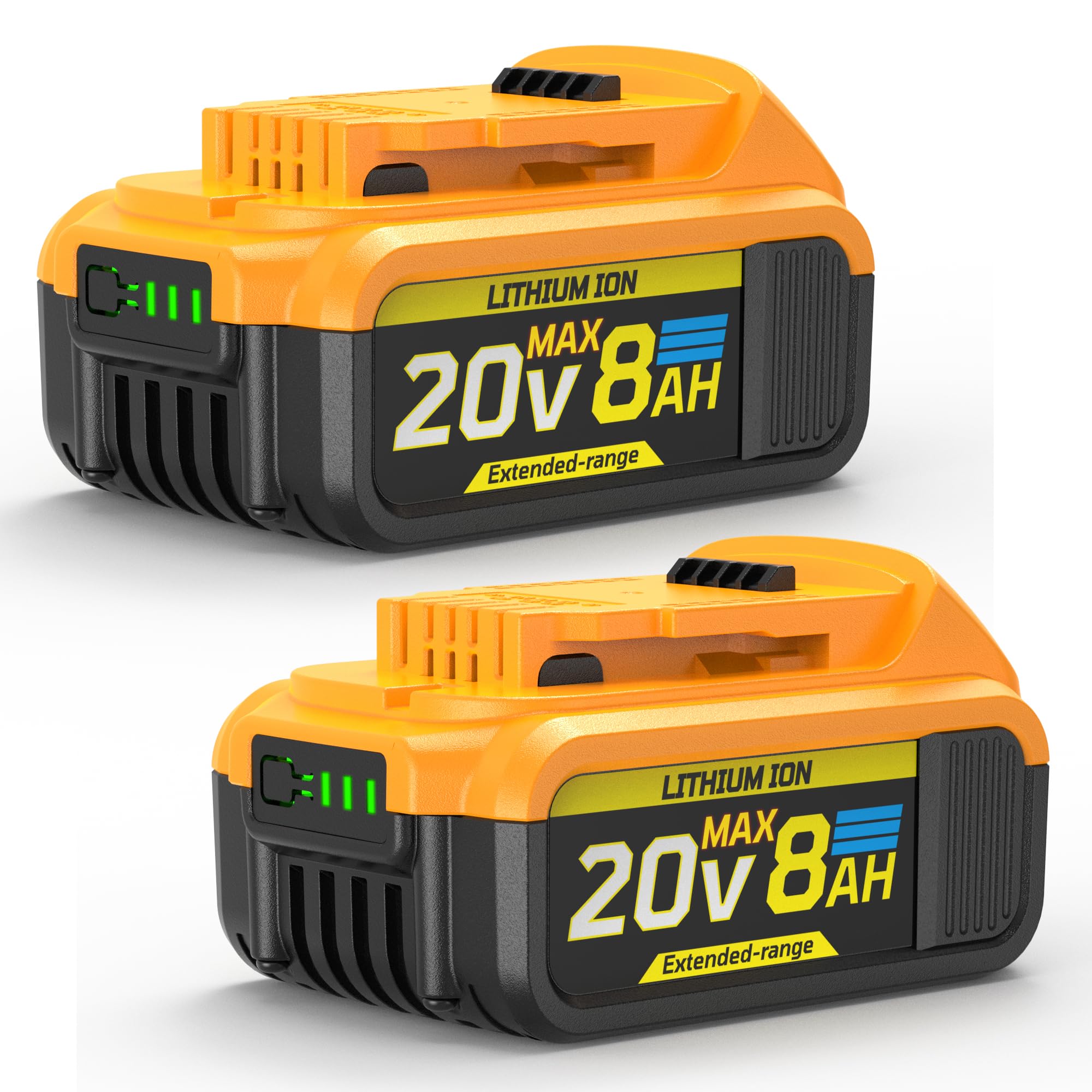 VelgoNyx 8Ah battery pack for DCB205-2 extends runtime for DEWALT 20V Max tools.