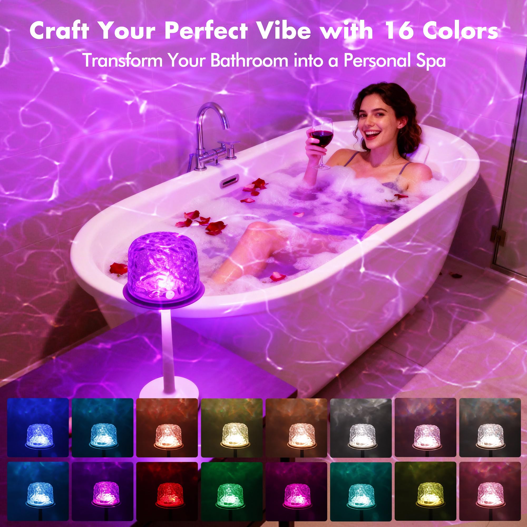 Velimley ocean wave projector lamp creates tranquil wall ripples for a spa-like bath.