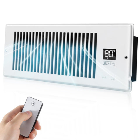 VELLEE Quiet Register Booster Fan front view shows compact, low-noise design for living spaces.